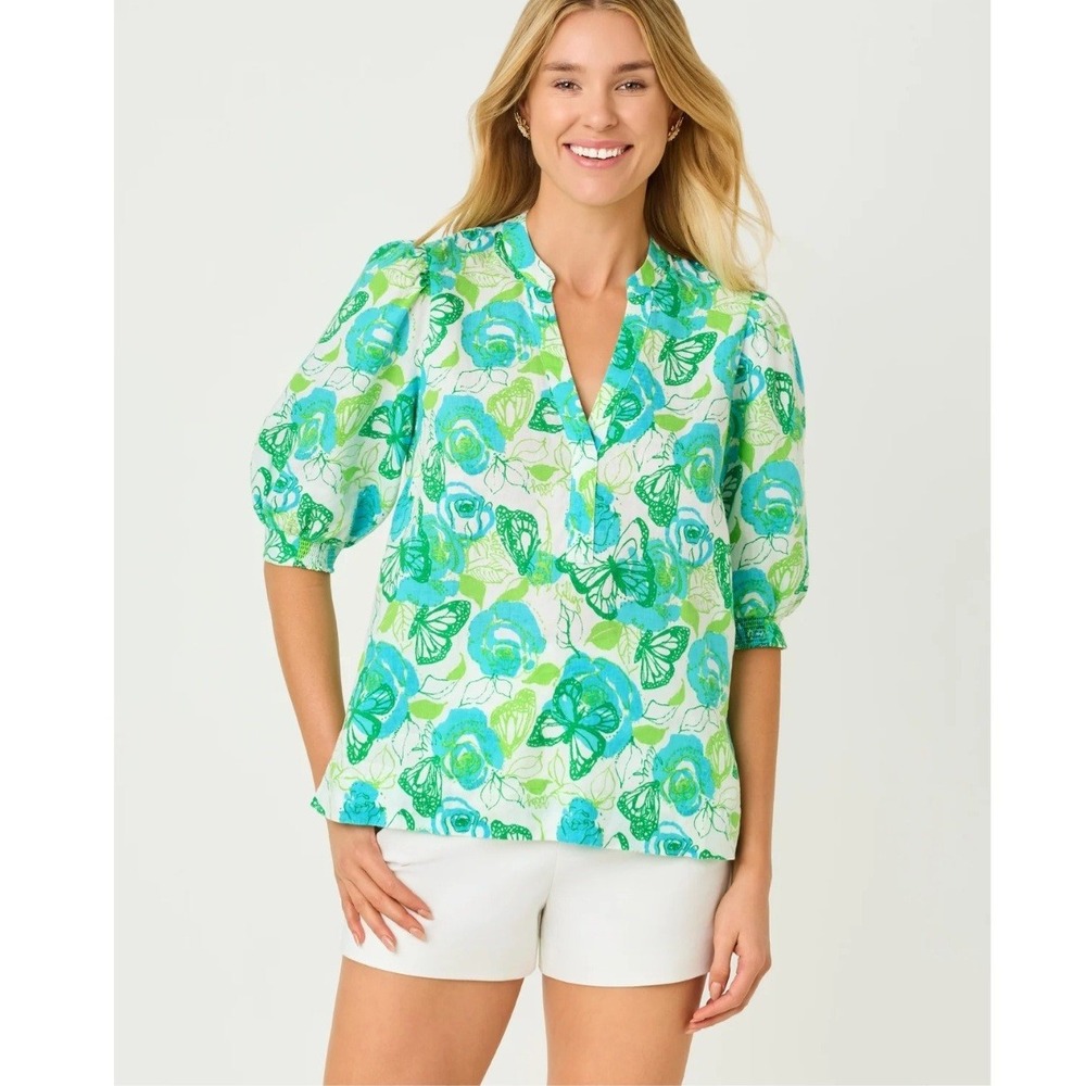 Lilly Pulitzer Mialeigh Elbow Slv Size 16 XL Linen Top Butterfly Monarch Rose